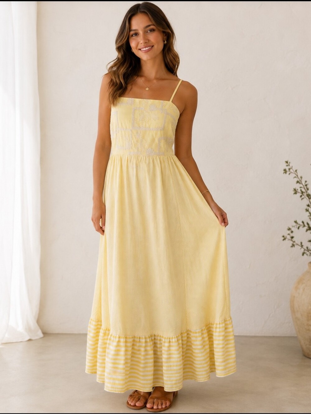 In February Yellow Striped Embroidered Maxi Dress Size Small Boho Sundress